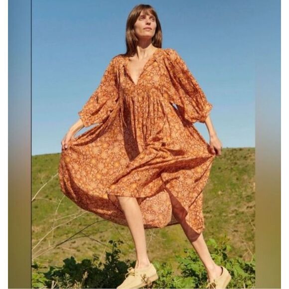 NWT Sundry Midi Dress Brown Orange Floral Cotton Boho Oversized Puff Sleeve S 1 - Picture 6 of 15